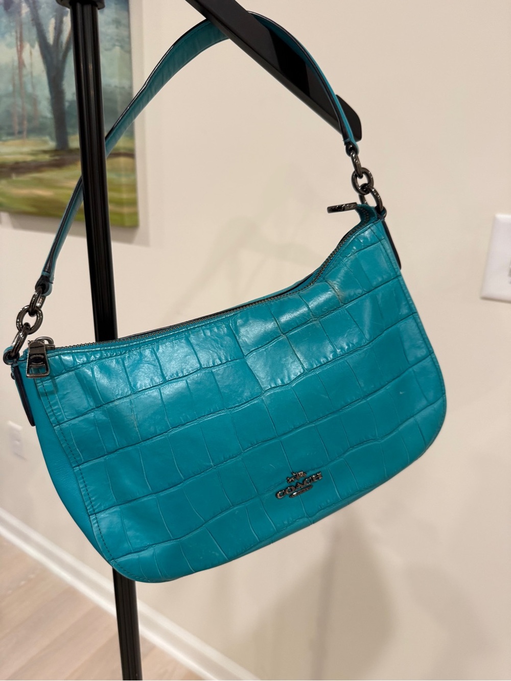 Coach Turquoise Croc Embossed Leather Shoulder Bag - Picture 3 of 7